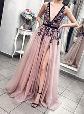 Blush Pink Plunging Neckline Tulle Prom Dress with Appliques